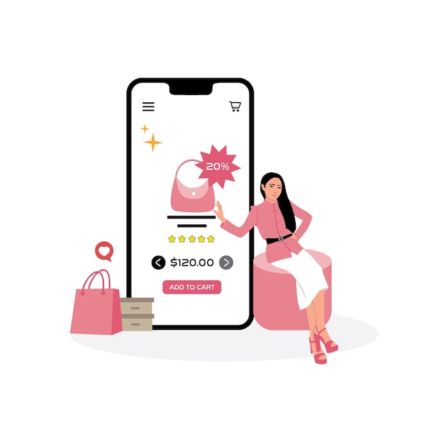 Concept de magasinage en ligne Femme achetant des vêtements en ligne Illustration vectorielle dans un style plat