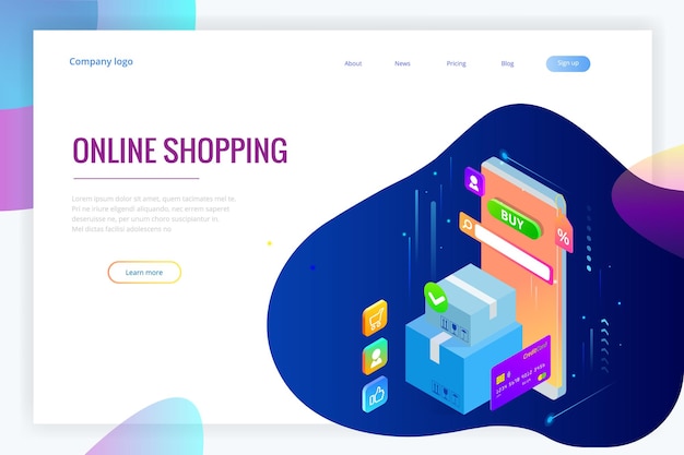 Concept De Magasinage En Ligne Isométrique. Modèle De Page De Destination. Conception Ultraviolette Moderne Pour Une Page Web. Vente, Consommation, Achat En Ligne Et Concept De Commerce électronique.