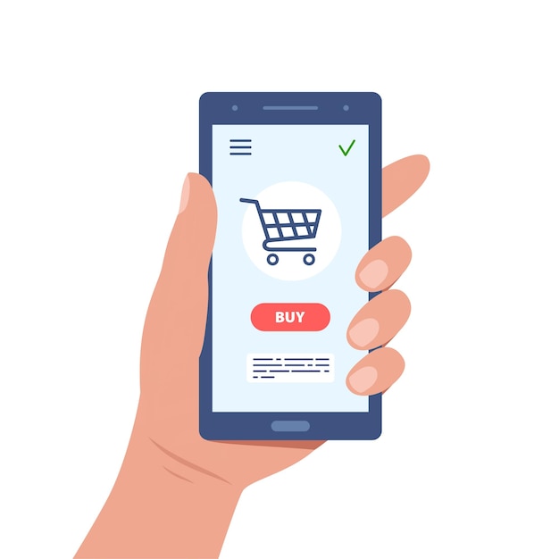 Concept de magasinage en ligne Main tenant un smartphone avec panier à l'écran