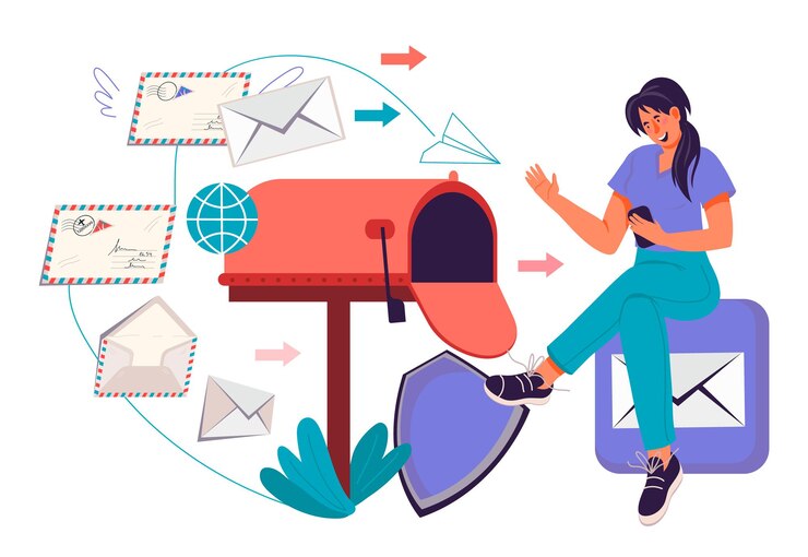 Concept de mailing et de marketing par e-mail avec une femme recevant et envoyant des messages vecteur plat isolé