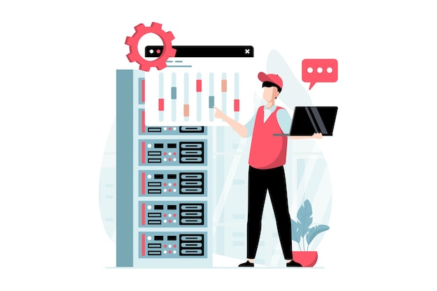 Vecteur concept de maintenance de serveur avec scène de personnes au design plat homme travaillant dans les paramètres de rack de serveur équipement de salle matérielle et système d'optimisation illustration vectorielle avec situation de caractère pour le web