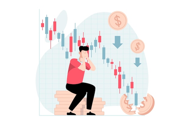 Concept De Marché Boursier Avec Scène De Personnes Au Design Plat L'homme Contrarié Fait De Mauvaises Prévisions Et Des Décisions Sur La Bourse échoue Et Fait Faillite Illustration Vectorielle Avec Situation De Caractère Pour Le Web