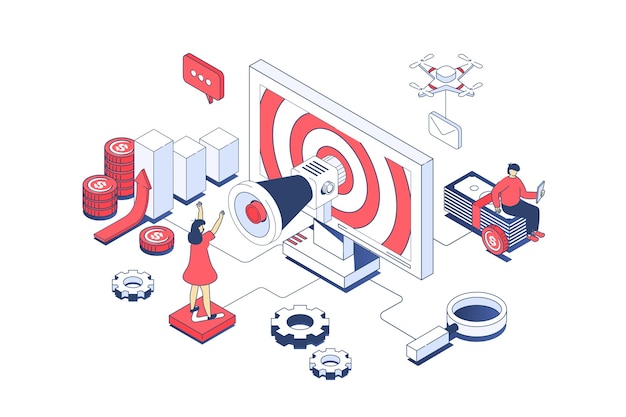 Concept de marketing des médias sociaux dans la conception isométrique 3d Homme faisant la promotion en ligne et attirant de nouveaux clients pour faire des achats Illustration vectorielle avec scène de personnes isométrie pour le graphique Web