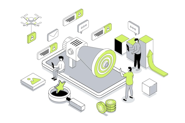 Concept de marketing des médias sociaux dans la conception isométrique 3d Homme faisant la promotion en ligne et attirant de nouveaux clients pour faire des achats Illustration vectorielle avec scène de personnes isométrie pour le graphique Web