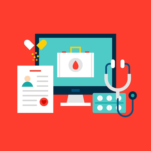 Concept de médecine en ligne. Illustration vectorielle avec des objets de soins de santé.