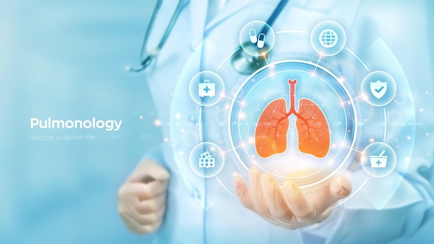 Concept de médecine pulmonaire Examen et traitement du système respiratoire Médecin tenant en main l'hologramme des poumons et la connexion réseau des icônes médicales sur l'écran virtuel Illustration vectorielle