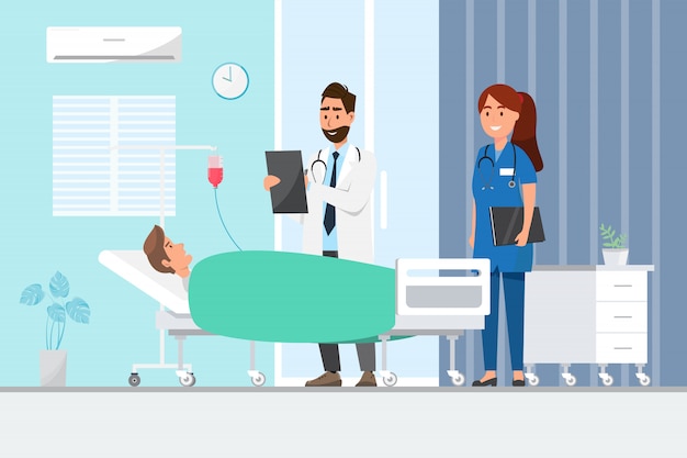 Concept médical avec médecin et patients en dessin animé plat sur le hall de l&#39;hôpital