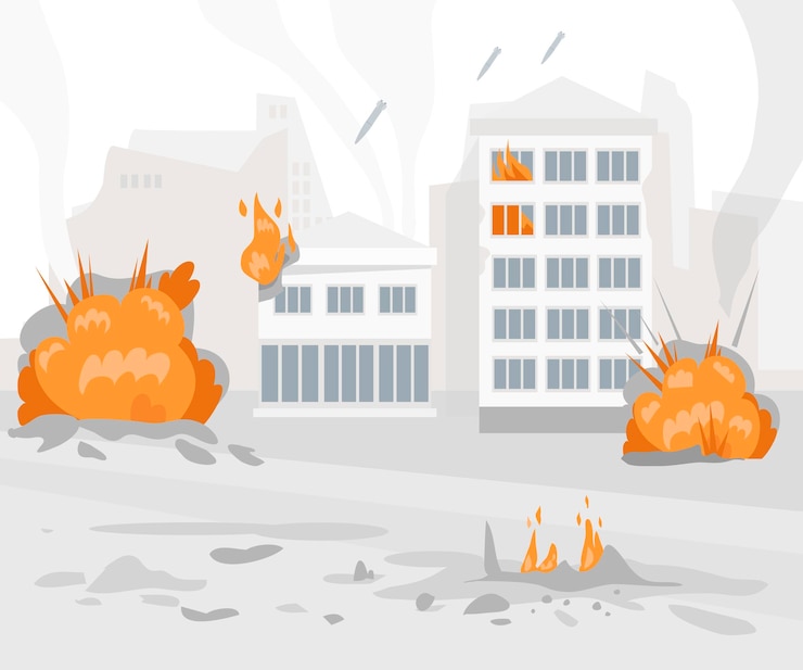 Vecteur le concept de la menace de guerre ville en feu explosions roquettes bombes incendies arrêtez la guerre style plat vectoriel