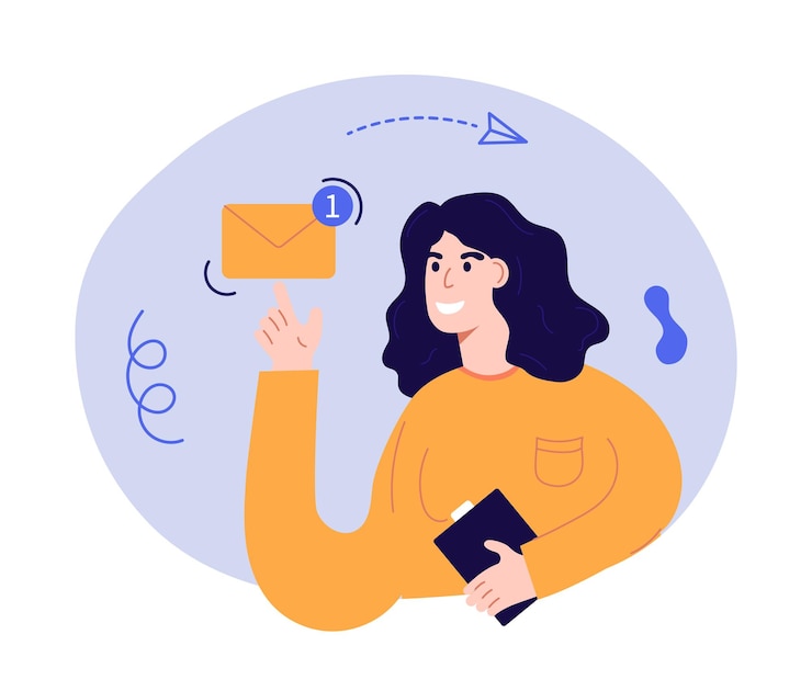 Vecteur concept de message d'entreprise femme heureuse avec lettre concept de messagerie en ligne sur le chat concept d'illustration vectorielle