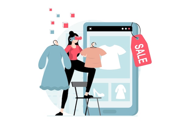 Vecteur concept de métaverse avec scène de personnes au design plat femme portant des lunettes vr et faisant du shopping dans le cyberespace en choisissant des biens sur l'écran du téléphone mobile illustration vectorielle avec situation de caractère pour le web