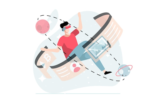 Concept de métaverse avec scène de personnes au design plat Homme portant un casque VR jouant dans l'espace virtuel obtenant une expérience utilisateur dans la cyber-simulation Illustration vectorielle avec situation de personnage pour le web