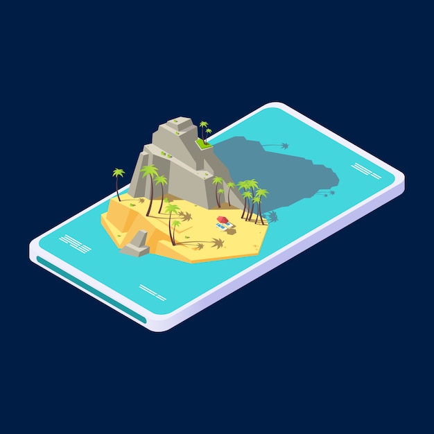 Concept mobile isométrique de vacances d'application de l'île de plage d'été