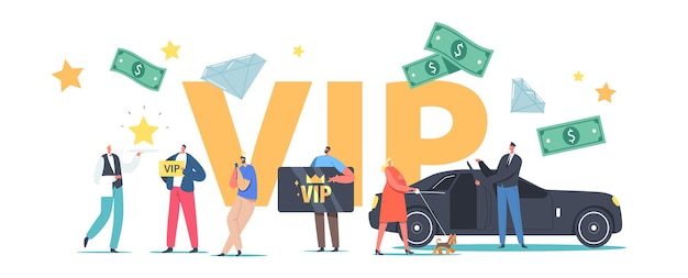 Concept De Mode De Vie Des Personnes Vip. Personnages De Luxe Avec Service Premium De Cartes D'or, Femme Avec Chien Entre En Limousine, Serveur Carry Star On Tray Poster Banner Flyer. Illustration Vectorielle De Gens De Dessin Animé