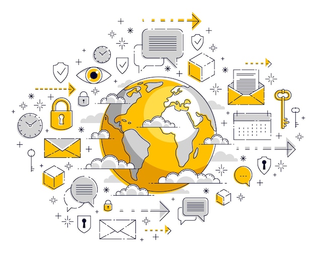 Concept mondial de connexion Internet, planète terre avec différentes icônes définies, données volumineuses, activité Internet, communication mondiale, vecteur, éléments pouvant être utilisés séparément.