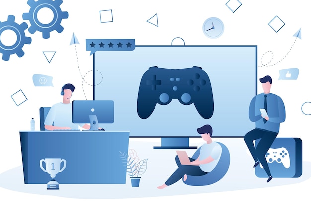 Concept multijoueur cross-plateforme Joueurs personnages masculins équipe d'esports groupe de joueurs vecteur