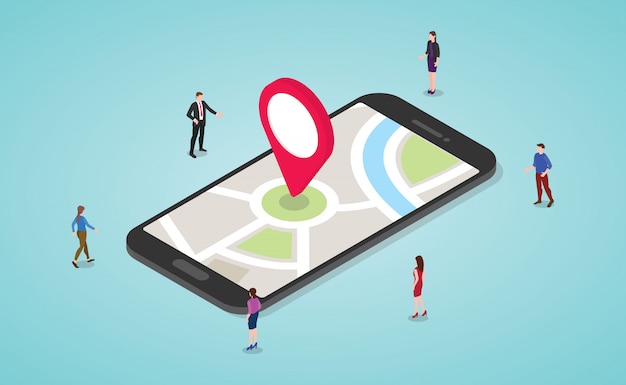 Concept de navigation GPS avec les gens et smartphone et cartes et marqueur avec style plat isométrique moderne