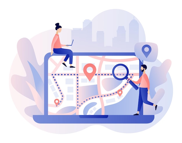 Vecteur concept de navigation gps recherche de personnes minuscules sur l'emplacement carte en ligne nous avons déménagé