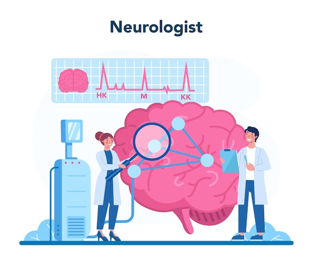 Vecteur concept de neurologue. le médecin examine le cerveau humain. idée de médecin soucieux de la santé du patient. diagnostic médical et consultation.