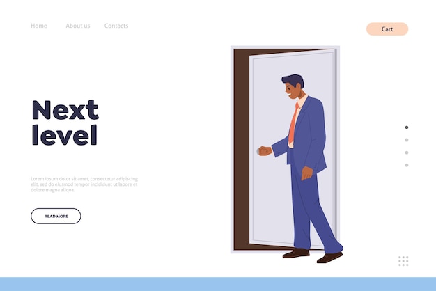 Concept De Niveau Supérieur Pour La Page D'atterrissage D'entreprise Avec Porte D'ouverture De Personnage D'homme D'affaires Pensif