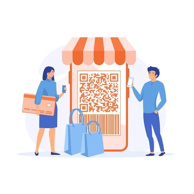 Concept de numérisation de code QR, les gens utilisent un smartphone et scannent le code QR pour le paiement et tout, illustration moderne à vecteur plat