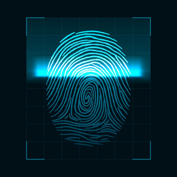 Vecteur concept de numérisation d'empreintes digitales. système de sécurité biométrique numérique et protection des données. écran d'autorisation personnelle isolé sur fond sombre