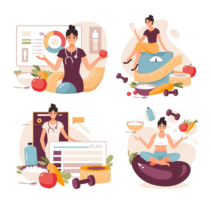 Vecteur concept de nutritionniste programme de perte de poids et régime alimentaire thérapie diététique avec des aliments sains