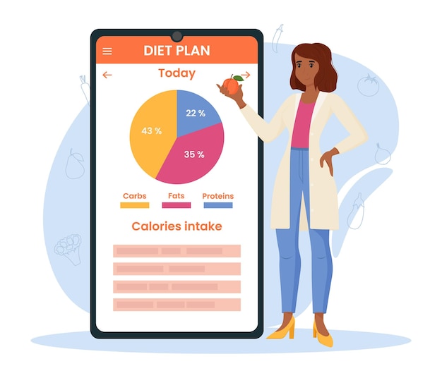 Vecteur concept de nutritionniste recommandation de perte nutritionnelle une application mobile avec suivi de la santé