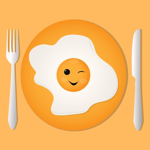 Vecteur concept d'oeuf au plat souriant sur une assiette avec des couverts illustration vectorielle en style cartoon