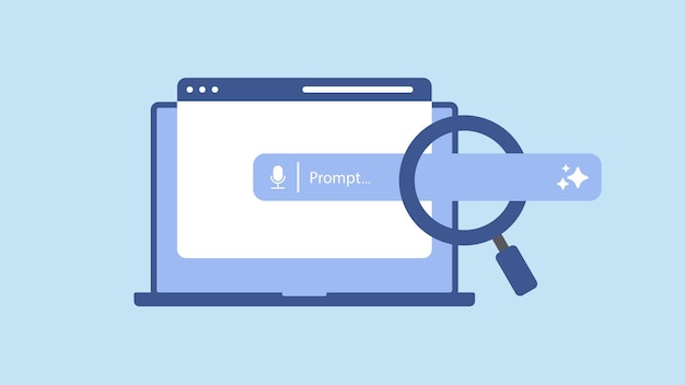 Concept of AI generate a prompt Web browser window on a laptop with generate bar and a magnifying glass Input prompt as commands for search and analysis by AI Vector illustration