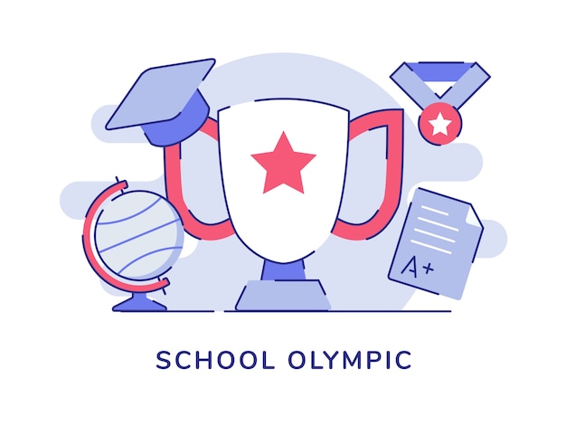 Concept Olympique Scolaire Avec Trophée Et Globe Et Médaille Avec Style De Contour Plat