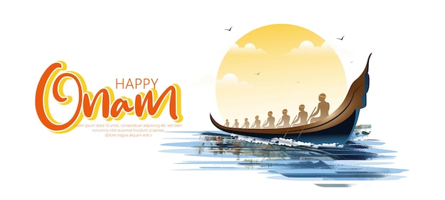 Vecteur concept onam festival avec ramer un bateau serpent pendant le festival 'onam' au kerala inde