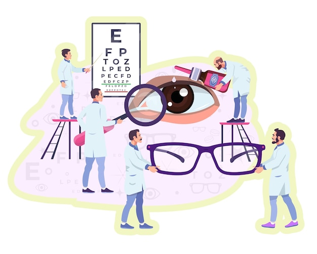Vecteur concept d'ophtalmologie ophtalmologistes oculistes tableau de vision gouttes remède pour le traitement des maladies télévision