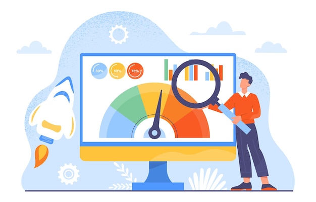 Vecteur concept d'optimisation en ligne homme avec loupe près d'un écran d'ordinateur avec graphiques et diagrammes statistiques et visualisation de données infographiques illustration vectorielle plate de dessin animé