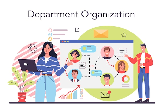 Concept D'organisation De Département Travail D'équipe D'entreprise Idée De Partenariat Et De Coopération Entre Départements Bénéfice Commercial Et Croissance Financière Illustration Vectorielle Plane Isolée