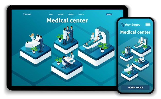 Vecteur concept de page d'atterrissage isométrique de site web de modèle centre médical. docteur diagnostiquant un patient dans un hôpital. facile à modifier et à personnaliser, adaptatif.