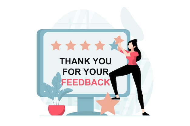 Concept de page de commentaires avec scène de personnes au design plat Femme laissant des notes élevées et une meilleure expérience client à l'aide de la page d'ordinateur Illustration vectorielle avec situation de caractère pour le web