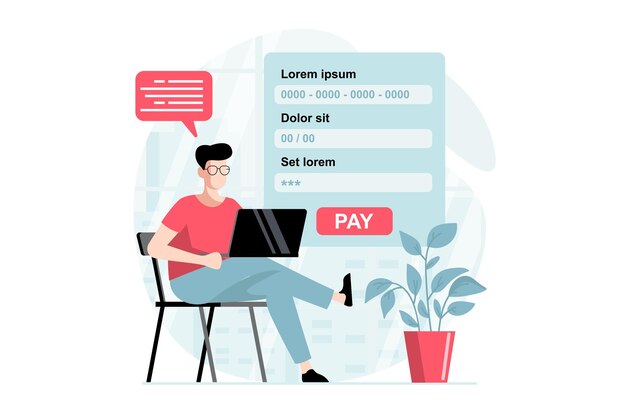 Concept de paiement électronique avec scène de personnes au design plat Homme remplissant un formulaire numérique avec des données de carte de crédit pour effectuer un transfert d'argent en ligne à l'aide d'un ordinateur portable Illustration vectorielle avec situation de caractère pour le web