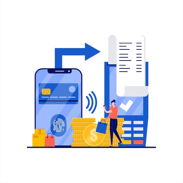 Concept de paiement d'empreintes digitales avec caractère. Cartes mobiles sans contact, technologie biométrique de reconnaissance d'empreintes digitales. Style plat moderne pour page de destination, application mobile, bannière Web, images de héros.