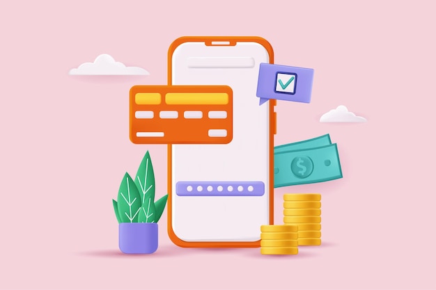 Concept de paiement en ligne Illustration 3D Transactions financières sécurisées et transferts avec cartes de crédit dans l'application bancaire de l'interface mobile Illustration vectorielle pour la conception de bannières Web modernes