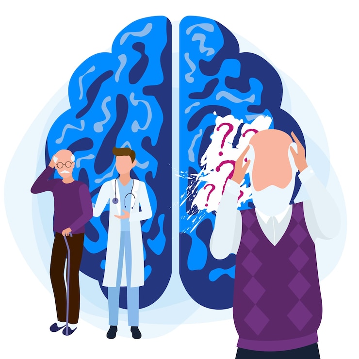 Vecteur concept de patients atteints de la maladie d'alzheimer une panne de courant dans la mémoire d'un vieil homme des soins médicaux sont fournis aux personnes atteintes de maladies du cerveau et de perte de mémoire