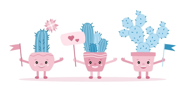 Concept De Personnages De Cactus. Cactus Bleus Mignons. Illustration Vectorielle Dans Un Style Cartoon.