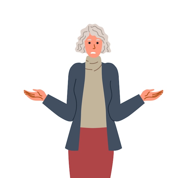 Vecteur concept de personne pensive vieille femme réfléchie expressions faciales et gestes émotions idée et perspicacité affiche ou bannière dessin animé illustration vectorielle plate isolée sur fond blanc