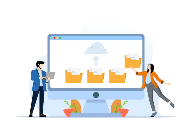 Vecteur concept de personnes avec des données en nuage ou des services en ligne pour stocker et partager des informations
