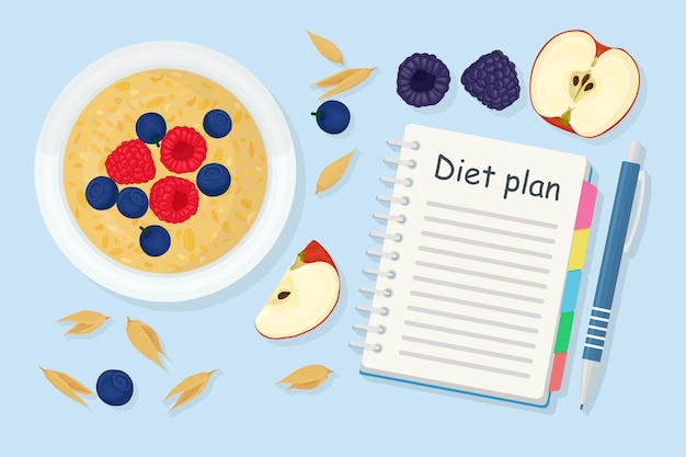 Concept De Perte De Poids. Porridge, Berry, Pomme Et Plan De Régime Dans Un Cahier. Une Alimentation Saine, Un Régime