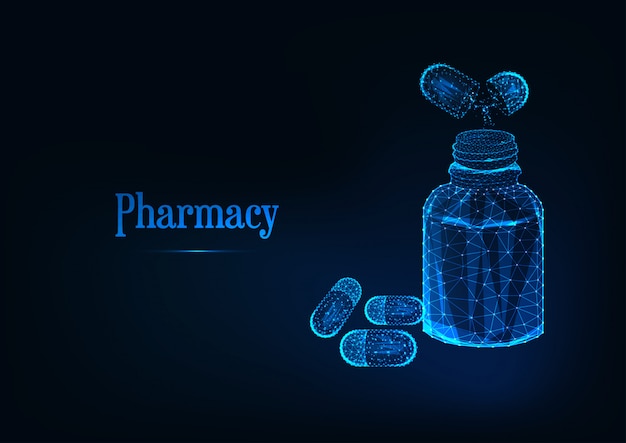 Concept De Pharmacie Futuriste Avec Bouteille De Médicament Polygonale Rougeoyante Rougeoyante Et Pilules Sur Bleu Foncé.