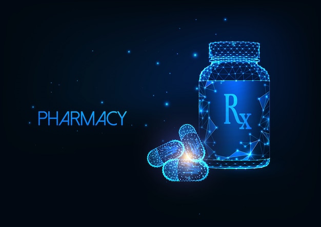 Concept De Pharmacie Futuriste Avec Un Récipient De Médicament Polygonal Faible Et Des Pilules De Capsule.