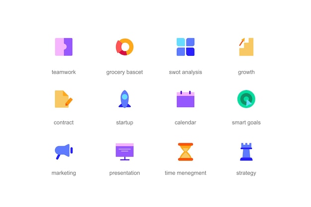 Concept de planification d'entreprise d'icônes web définies dans un design plat de couleur Pack d'analyse swot de travail d'équipe