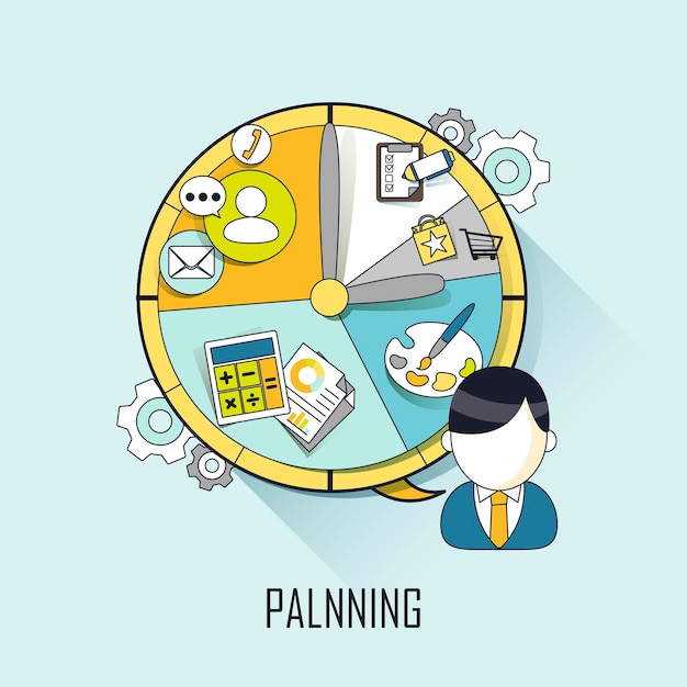 Vecteur concept de planification : homme d'affaires avec un calendrier dans le style de ligne