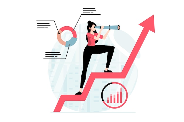 Concept de planification stratégique avec scène de personnes au design plat Femme trouve de nouvelles opportunités planifie une stratégie de développement et de croissance des bénéfices Illustration vectorielle avec situation de caractère pour le web