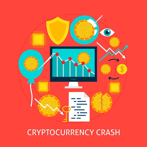 Concept plat de crash de crypto-monnaie. Illustration vectorielle de conception d'affiches. Ensemble d'objets financiers.